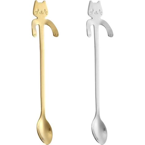 Cuchara de café con forma de gato (2 piezas), cuchara de postre colgante de acero inoxidable con forma de gato para té, leche, café, postres y batidos (dorado, plateado) (1/5)