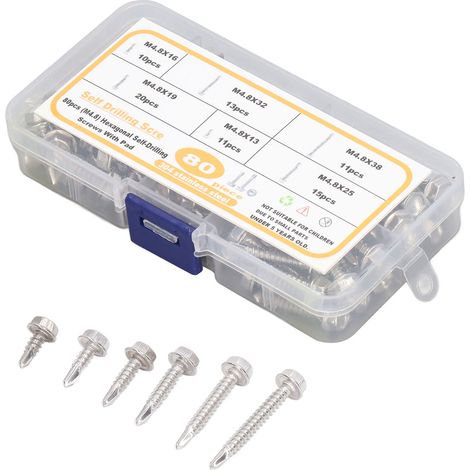 Lot de 80 vis autoforeuses à tête hexagonale avec boîte de rangement, acier inoxydable résistant à la corrosion, kit de fixation M4.8 (1/5)