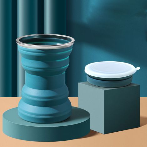 Zusammenfaltbarer Silikonbecher mit Deckel, 320 ml, ideal für Reisen und Outdoor-Aktivitäten, cleveres und tragbares Design, Farbe: Seeblau. (1/5)