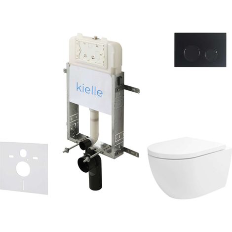 kielle Genesis New - Conjunto de instalación empotrada, inodoro Oudee, Vortex Rimless+, asiento softclose y pulsador Gemini New II, negro mate 30528SZ24