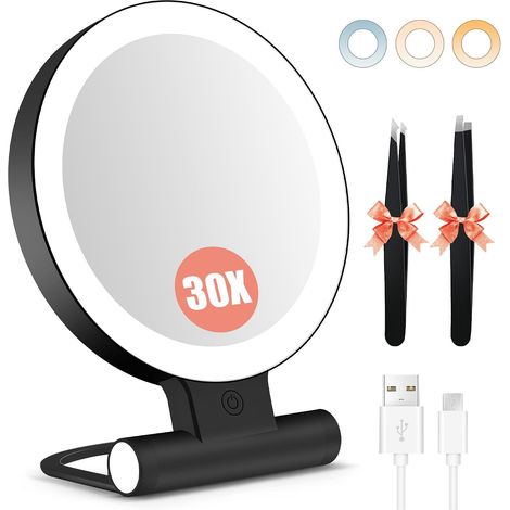 Miroir de maquillage avec éclairage, miroir grossissant double face 1X/30X avec lumière, 2000 mAh, 3 modes d'éclairage de couleur, luminosité réglable, pliable et compact, taille de voyage (1/5)