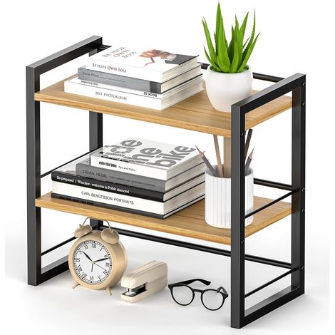 Étagère Bureau Double en Bois, Organiseur de Bureau Compact, Étagère de Rangement à Poser sur Bureau pour Livres et Fournitures, Petite Étagère pour Plan de Travail, Commode ou Bibliothèque (Noir) (1/5)