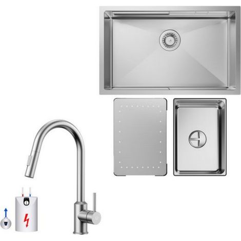 Küchenspüle 1.5 Becken 70x44cm EdelstahlSpüle Gebürstete Unterbauspüle + Ausziehbarer Niederdruck-Küchenarmatur Gebürstete Küche Wasserhahn Hohe 425MM (1/5)