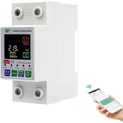 1 - Fehlerstromschutzschalter - WLAN-Schalter - Überspannungs- und Fehlerstromschutz - Farb-LED-Anzeige - Für Zuhause und Büro - Weiß - 2-polig, 220 V (1/5)