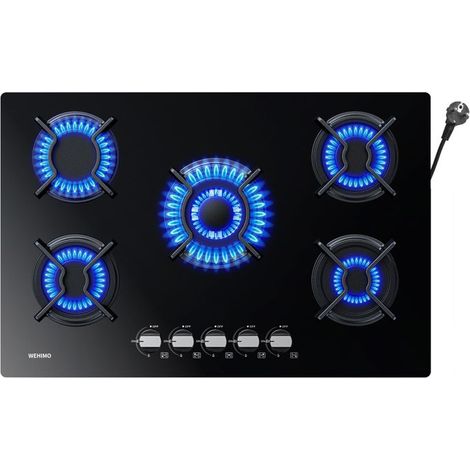 Plaque de cuisson gaz encastrable - Verre trempé noir - 5 feux - 77 cm x 51 cm (1/5)
