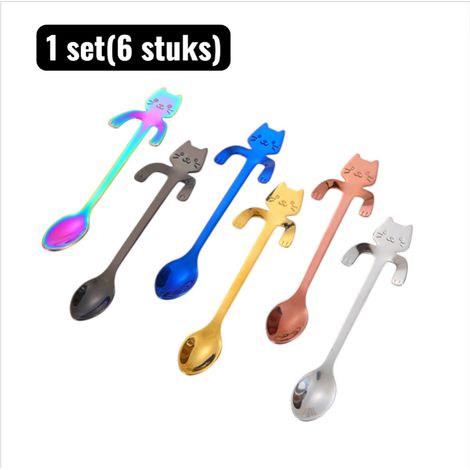 Lot de 6 cuillères à café en acier inoxydable 304 en forme de chat pour café et thé (1/5)