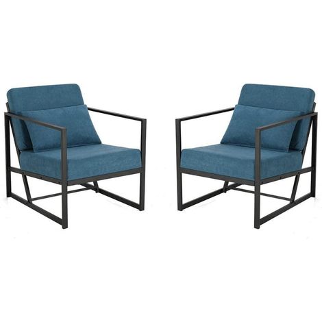 2er Set Sessel Blau Leinen Polstersessel mit Armlehnen und Eisengestell (1/5)