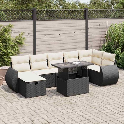 Ensemble Jardin 8 Places Résine Tressée Noire avec Table Verre et Coussins Crème - Salon Extérieur Modulaire Rangement Integré (1/5)