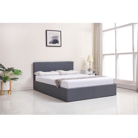 Ottoman Bed Gas Lift Storage Leather Grey 3ft Single with 1 Mattress Pine Wood Bedroom (1/5)