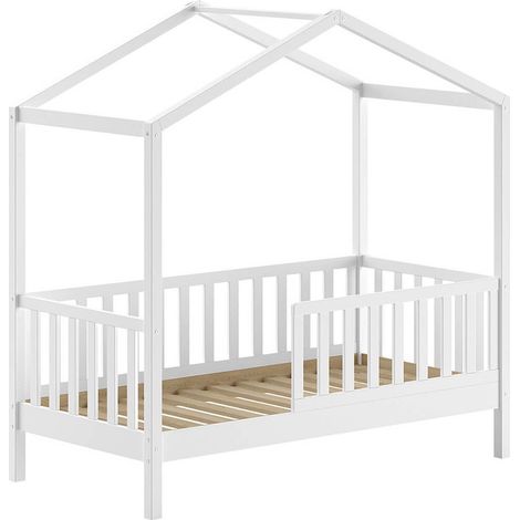 ARKAN - Lit Maison Junior à Barrières 70x140cm Pin Massif laqué Blanc