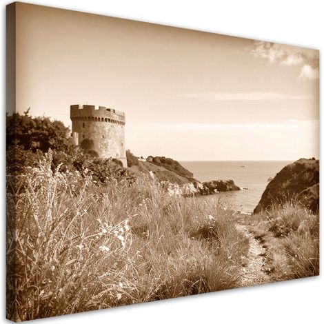 Impresión de Imagen, Paisaje marino sepia acantilado camino torre estilo retro, 30x20 (1/5)