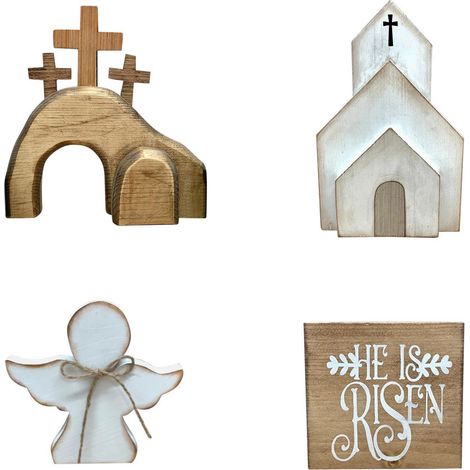 Elementos decorativos de madera para bandejas de servir escalonadas, juego de Pascua "Tumba de Jesús" – juego blanco-caqui, 280 g, 25 x 25 x 6 cm (1/5)