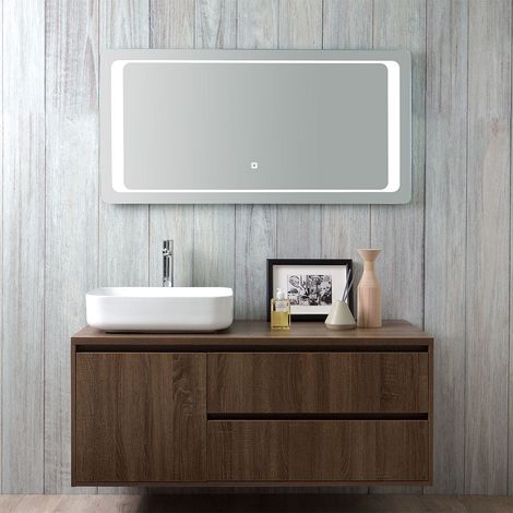 Kiamami Valentina – Meuble de salle de bain suspendu en bois noyer foncé – Lavabo céramique rectangulaire 120cm – Miroir LED tactile 120x60cm – 2 tiroirs (1/5)