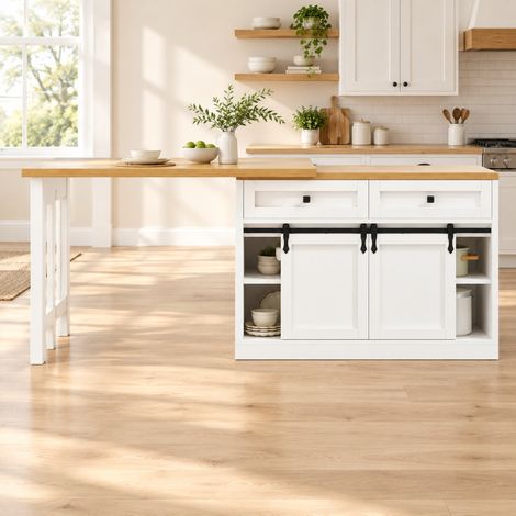 Mueble de cocina pivotante 120-197 cm con puertas correderas, 2 cajones, blanco DESVIAE (1/5)