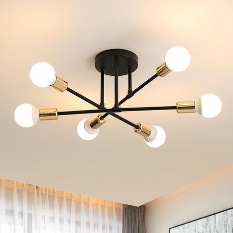 Lustre Plafonnier 6 Lumières - Métal Noir et Or - Style Industriel Réglable - Pour Salon Chambre Cuisine - Diamètre 52cm (1/5)