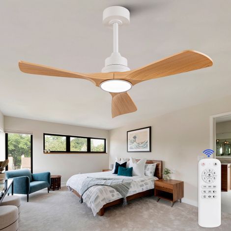 Ventilateur de plafond silencieux 107 cm avec lumière LED, avec télécommande, moteur DC réversible, blanc et bois (1/5)