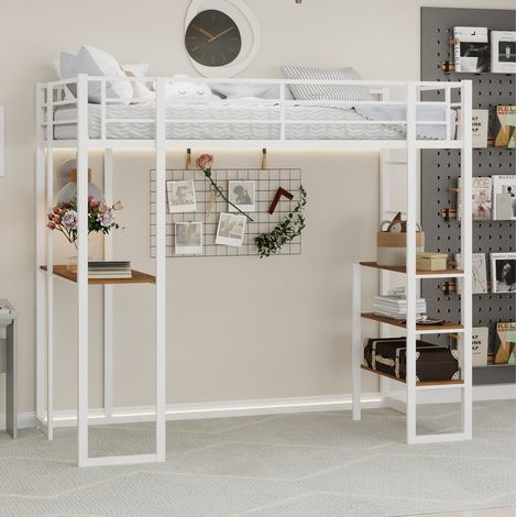 lit adulte rangement bureau 90x190 fer blanc compact OKMYHOME (1/5)