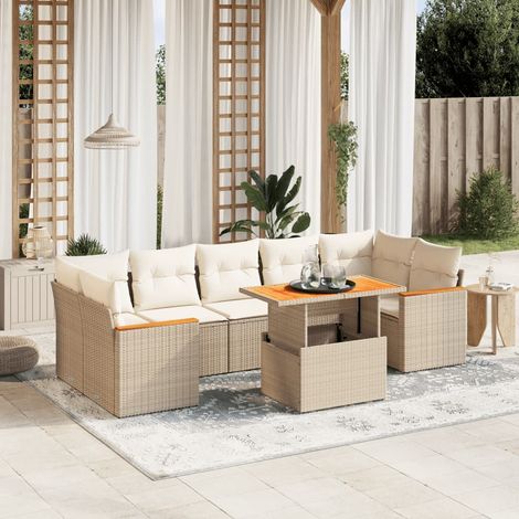 Ensemble Salon Jardin 8 Places Résine Tressée Beige avec Coussins - Table Réglable Hauteur, Mobilier Extérieur Modulaire (1/3)