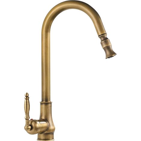 G3/8 Robinet de Cuisine avec pulvérisateur extractible, Robinet d'évier de Cuisine à poignée Unique en Laiton Antique à Arc élevé, mitigeurs de Cuisine d'eau Chaude Froide (1/5)