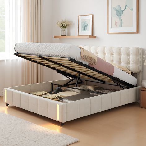 Polsterbett 160x200 cm mit LED, Doppelbett mit hydraulisch und Stauraum, Modernes Jugendbett, Bettgestell mit Kopfteil und Lattenrost, Velour Beige, Ohne Matratze