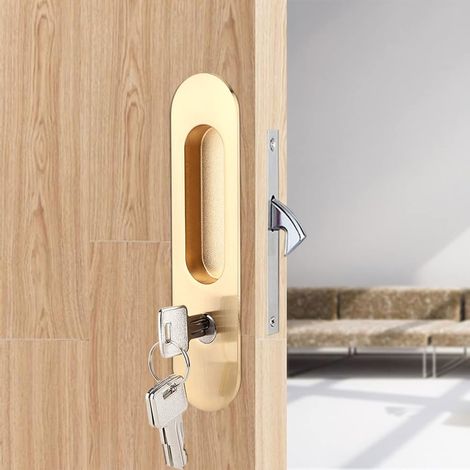 Serrure de porte coulissante en alliage de zinc, serrure de porte coulissante avec clé, serrure de porte de sécurité, meubles, quincaillerie, pour salle de bain, armoire, cuisine, balcon (dorée)
