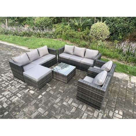 Fimous 9 Seater Rattan Garden Futniture Set Garden Sofa set with 2 Chair Coffee Table Big Footstool Dark Grey Mixed (1/5)