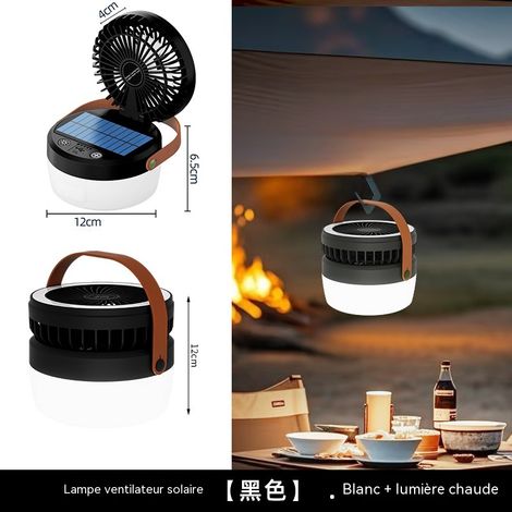 Ventilateur solaire camping 123×96×250mm ABS+PC – Câble + boucle – Double charge, ventilateur orientable – Tente, urgence, Noir (1/2)