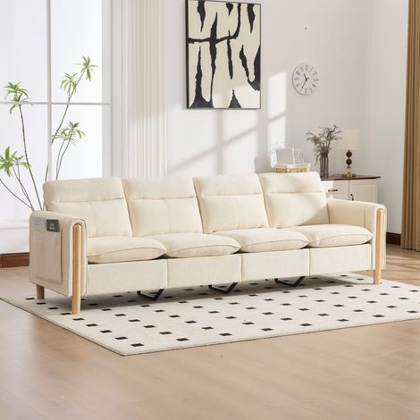 Modulares U-Sofa für 4 Personen mit 2 Hockern mit Stauraum, beige Chenille, Holzfüße (1/5)
