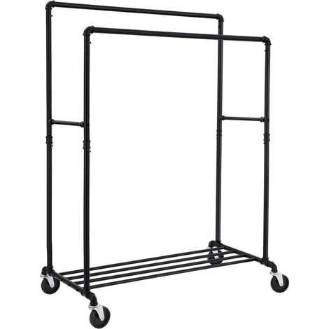 Porte-manteau portant entube avec les roulettes charge 110 kg deux barres de suspension mobile étagère en métal grade commercial noir