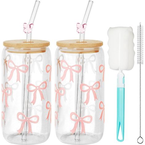 2 Verres Bow 500ml, Verre avec Paille Rose Nœud Tasse en Verre avec Paille, Tasses Avec Couvercle Et Paille, Pour Boissons Froides (1/5)