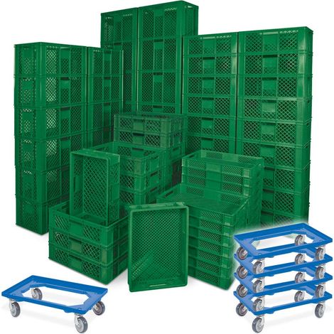 BRB 78 Stück Stapelkörbe/Bäckerkästen in 5 Größen, Grundmaß LxB 600x400 mm, H 90 mm, 150 mm, 240 mm, 320 mm, 410 mm, + 5x Transportroller blau, (blau)
