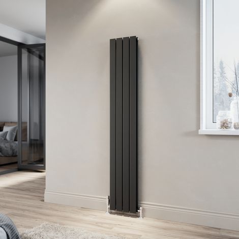 ELEGANT Anthracite Steel Radiator 1800x304mm Vertical Double Flat Panel + Chrome Thermostatic Radiator Valves (1/5)