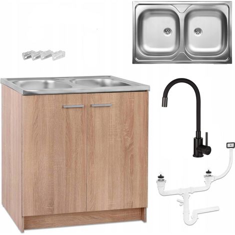 STAMAR  Küchenunterschrank 80x50 - Sonoma Eiche - Mit 2-Komponenten-Spüle - Flexibler Wasserhahn