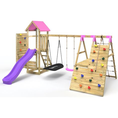 Rebo Wooden Climbing Frame with Vertical Rock Wall, Swing Set and Slide - San Luis+ Pink (1/5)