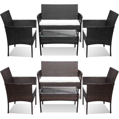 SWANEW Set di mobili da giardino in resina intrecciata marrone - 4 posti - Divano + Poltrona + Tavolo + Cuscini di seduta (1/5)