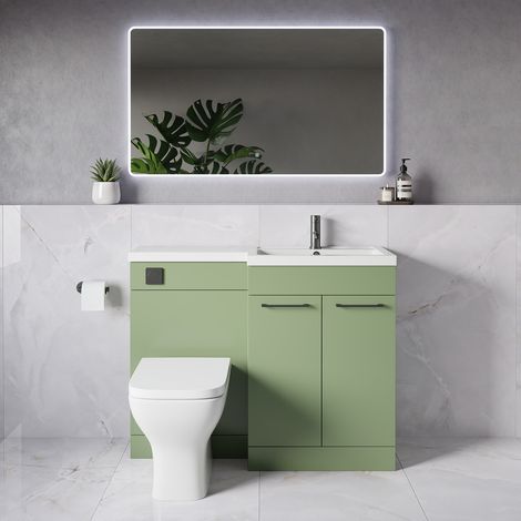 Napoli 390 Olive Green 1100mm 2 Door Vanity Unit Toilet Suite with Square Right Hand Lucia Basin - 1100mm - Gunmetal Grey 160mm HandleWith Kingston Toilet Pan and Seat