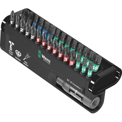 Wera – Jeu d'embouts 30 pièces 5057690001 – Embouts cruciformes Phillips, vis Pozidriv, TORX® intérieur – Acier à outils, technologie Impactor