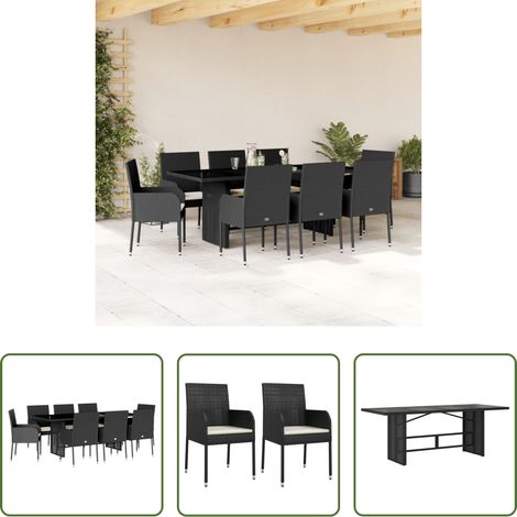 Gartentisch - 9-tlg. Garten-Essgruppe mit Kissen Schwarz Poly Rattan (1/5)