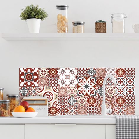 Signaletique.Biz France – Crédence de cuisine adhésive autocollante effet carreaux de ciment rouge – 120 x 50 cm – Facile à poser – Protection murale moderne
