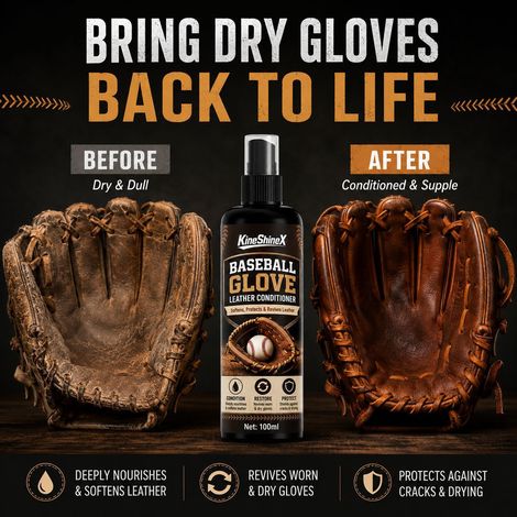 La solution d'entretien pour cuir de gants de baseball KineShineX nourrit et répare les gants secs, craquelés et usés, les rendant plus doux et plus brillants. (1/4)