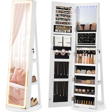 Armoire à Bijoux sur Pied, Armoire avec Miroir, Organisateur à Bijoux, avec Éclairage Réglable, Verrouillable, Pleine Longueur, Grand Espace de Rangement, pour Chambre, Blanc Nuage JJC008W03 (1/5)