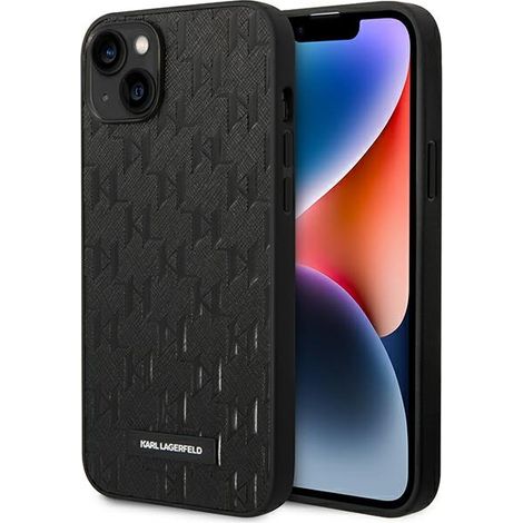 Custodia rigida Karl Lagerfeld KLHCP14MSAKLHPK per iPhone 14 Plus / 15 Plus da 6,7 pollici, nera/nera, in pelle Saffiano Mono Metal Logo. (1/5)