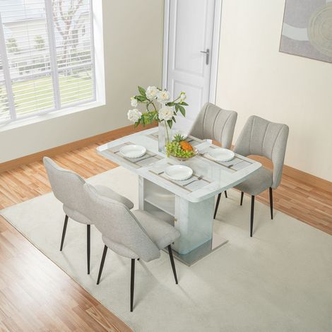 Tavolo da Pranzo Allungabile 120-160x80x76 cm, con Vetrina, Piano Marmo e Base Metallo, MDF, Bianco, per 6-8 Persone (1/5)