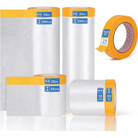 4 Rouleaux de Bache Protection Peinture avec Ruban Masquage Adhésif 280 cm x 20 m x 1, 150 cm x 20 m x 1, 55 cm x 20 m x 2 de Film de Masquage et 1 Masking Tape 25 mm x 50 m (1/5)