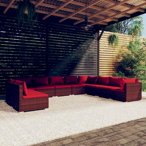 10-tlg. Garten-Lounge-Set mit Kissen Braun Poly Rattan (1/5)