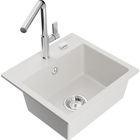 Mexen Milo fregadero de granito de 1 seno con grifo de cocina Flora, blanco - 6505-20-670401-00 (1/5)