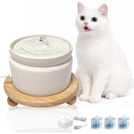 Fontana per gatti in ceramica, capacità 1 litro, pompa silenziosa, triplo filtro, senza BPA e lavabile in lavastoviglie. (1/5)