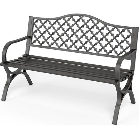 PHI VILLA Schwarze Gartenbank mit Rückenlehne aus Gusseisen und stabilem Stahlrahmen 2-3 Sitzer Bank Outdoor für Veranda, Park, Balkon und Garten