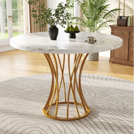 Tavolo da pranzo rotondo 80 x 80 x 76 cm, piano in MDF effetto marmo, gambe metalliche dorate HAVRYA (1/5)