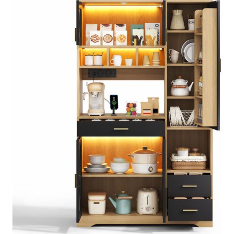 Buffet de cuisine haut avec LED multicolore APP, prises USB, étagères réglables, porte vitrée, tiroir, style vintage, en MDF, 185 x 105 x 40 cm - CHICFURN (1/5)